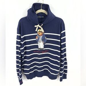 Polo Ralph Lauren Bear Newport Hoodie Mens Size L Blue Striped Pique Captain